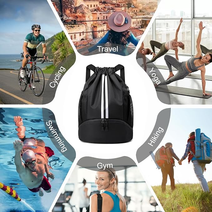 Hoedia Sports Drawstring Backpack - Swim Gym Bag for Women and Men | String Bag with Shoes Compartment and Wet Proof Pocket, Adjustable Wider Shoulder Strap, For Soccer, Basketabll, Volleyball