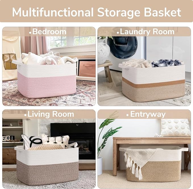 Goodpick Large Woven Blanket Basket 21.6" x 14.9" x 11.8" Storage Baskets for Organizing, Baby Laundry Basket with Handles, Toy Storage Baskets for Living Room Nursery, Brown