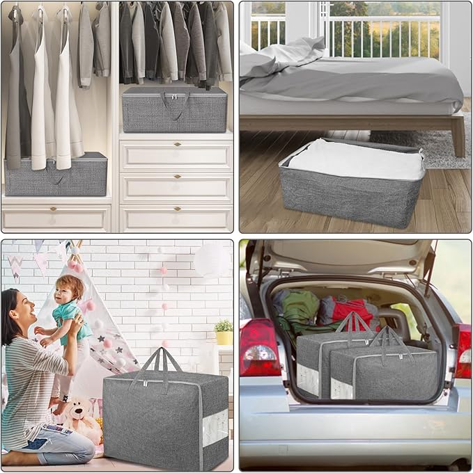 Extra Large Storage Bags, Folding Moving Comforter Blanket Storage Bags Closet Organizers and Storage Containers for Clothes with Clear Window for Bedding Pillow (Grey, 3 x 105L)