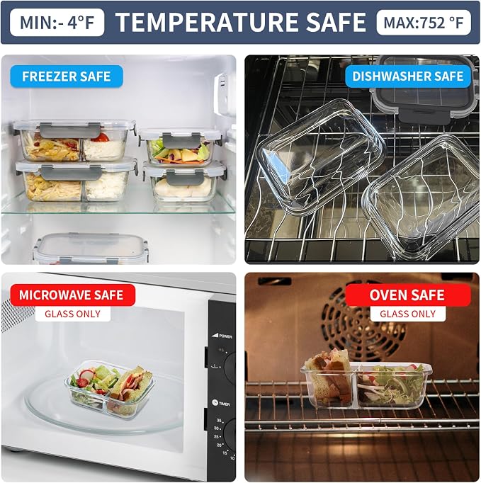 2 & 3 Compartment Glass Meal Prep Containers with Lids, Lunch Containers | Portion Control Glass Containers, Ideal for Work, Gym, On-the-Go, Lunches, Freezer to Microwave Safe
