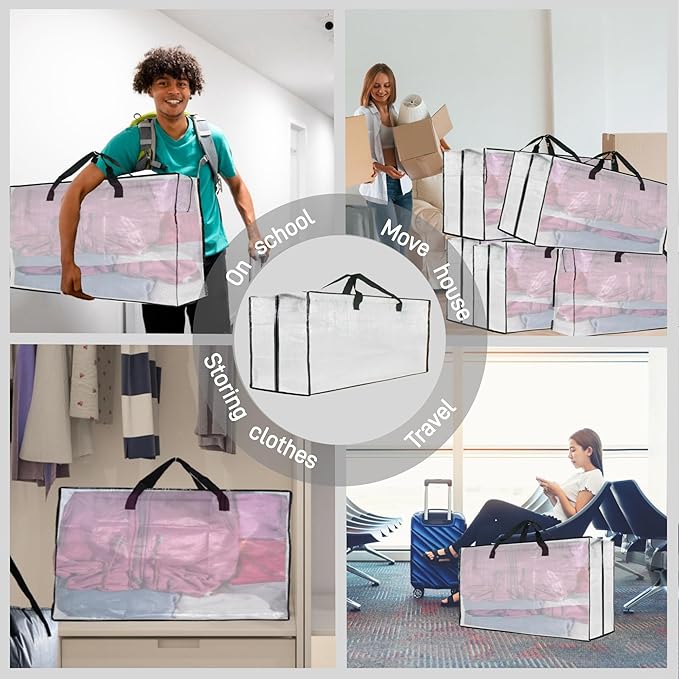 6 Pack Heavy Duty Extra Large Clear Storage Bags with Zipper and Handles - Moving Boxes & Storage Bins Alternative, Packing & Moving Supplies for Dorm Room Essentials