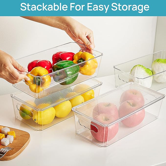 Vtopmart 2pcs Clear Organizers and Storage Bins with Lids, Stackable Plastic Storage Containers with Handles for Fridge, Freezer, Pantry, Cabinet, Kitchen Organization
