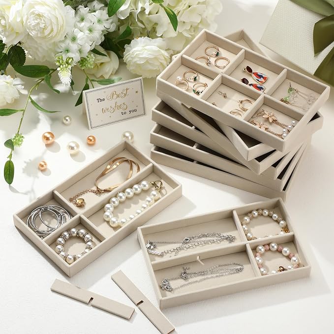Highergo 8 Pcs Velvet Jewelry Trays Stackable Drawers Organizer Ring Earring Bracelet Necklace Storage Trays, 8.3x4.7x1''(6 Grids)