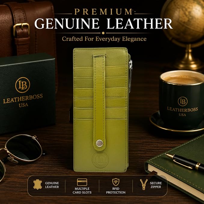 Leatherboss Genuine Leather Women's All in One Credit Business Card Case Holder Slim Zipper Wallet With a Card Protection Strap, Army Green