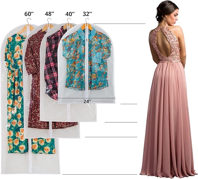 Clear Garment Bags for Long Gowns, Vinyl Dress Storage Bags, Zippered Plastic Protector for Dresses, 24"x60", 6 Pack
