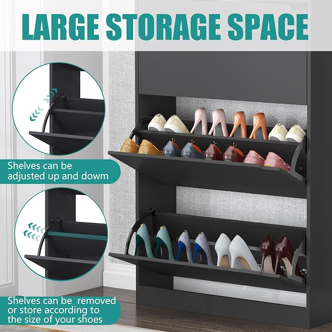 Wodeer Narrow Shoe Cabinet for Entryway, Slim Shoe Storage Cabinet with 3 Flip Drawers, Hidden Wood Shoe Cabinet Storage, Freestanding Shoe Rack Organizer Foyer, Hallway, Black