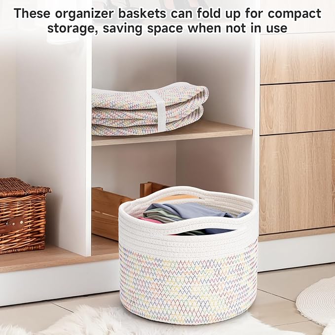 Small Rope Baskets for Storage, Baskets for Gifts Empty, Cute Round Woven Basket, Decorative Shelf Baskets 9.82×9.82×7.1", Cotton Toy Basket Storage Bins for Organizer 3 Packs-Rainbow