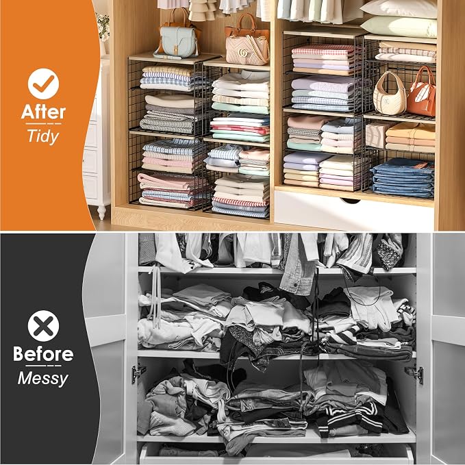 4-Tier Widened Closet Organizers and Storage, Extra Long Stackable Closet Shelf Organizer with Adjustable Dividers and Wood Top, Large Closet Storage Basket for Clothes, Jeans, Wardrobe Organization