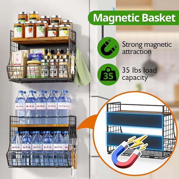 Magnetic Shelf for Fridge with Wood Lid, Fruit Potato and Onion Storage Bins, Pantry Organizers and Storage, Strong Magnetic Spice Rack for Refrigerator, Kitchen Counter and Laundry Room (X-Large)