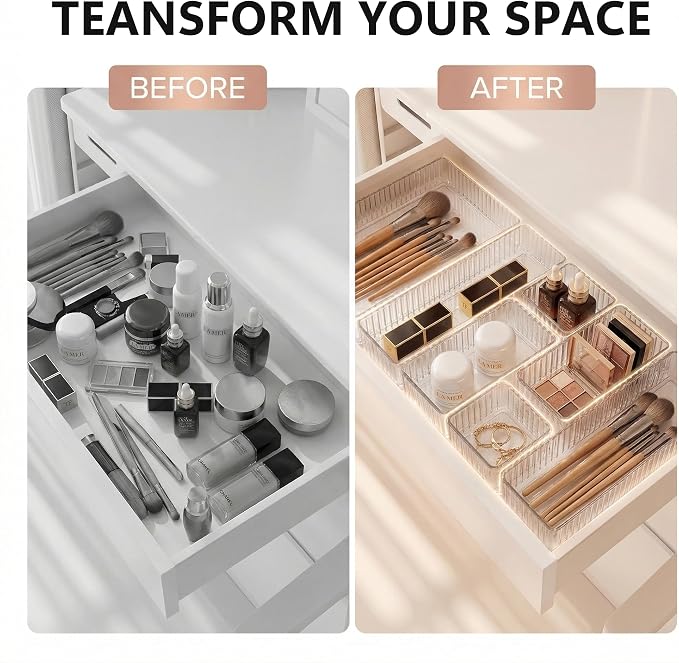 Li&Zhao 7PCS Stackable Bathroom Drawer Organizer-Clear Acrylic Drawer Organizer and Makeup Drawer Organizer with 4 Sizes 7 Grids for Vanity, Kitchen, Office Supplies