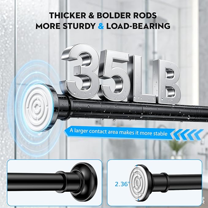 Shower Curtain Rod 30-64 Inch Tension Curtain Rod Shower Rod for Bathroom | No Drilling Tension Rod,Heavy Duty ,1.1 Inch Thick Diameter,Spring Adjustable,No Rust,Windows,Black