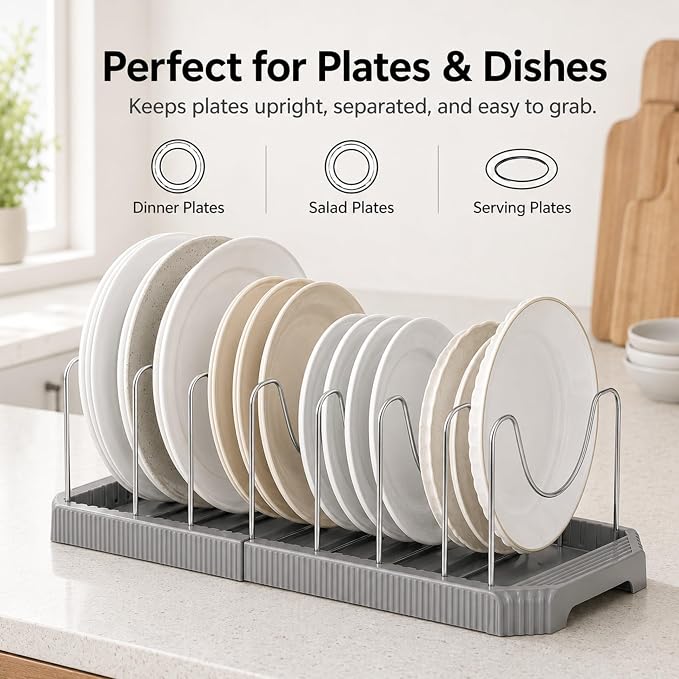 Pots and Pans Organizer Under Cabinet, Adjustable Pot and Pan Organizer Rack, 7 Stainless Steel Dividers, Pot Lid Organizer for Cabinet, Expandable Pan Organizer for Pots, Pans, Lids, Plates Gray