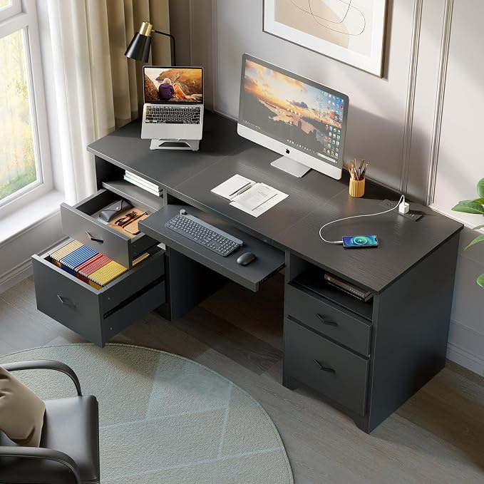 Bestier 59” Computer Desk with 4 Drawers, Charging Station, Black | Office Desk with Storage, Modern Executive Desk with Keyboard Tray & Wooden Pedestals on Both Sides for Home Office & Studio