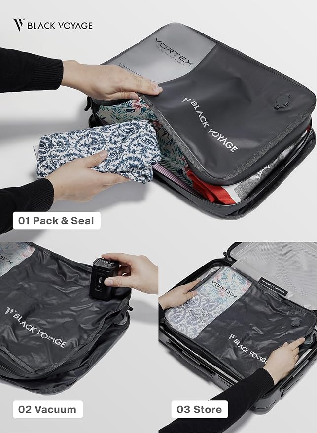Black Voyage Reusable Vacuum Compression Travel Bag for Carry-On Suitcase and Backpack, Recycled IP67 Waterproof Space Saver Vacpack (1-Pack, 21L - Pump Included)