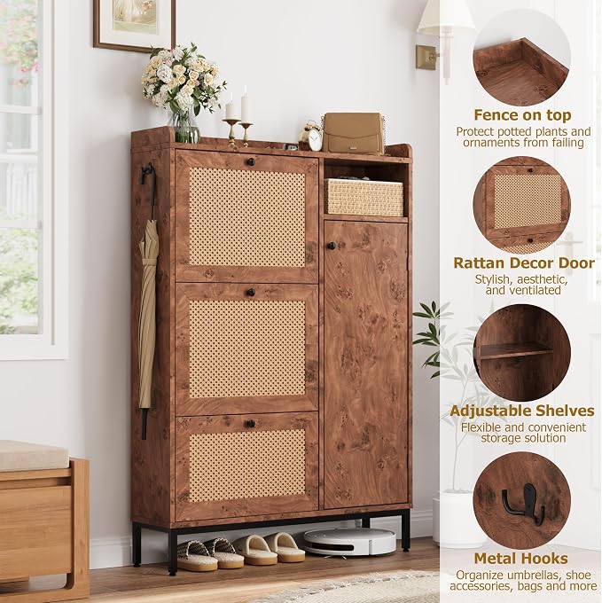 Garvee Shoe Cabinet with 3 Flip Drawers, Freestanding Shoe Organizer with 4-Tier Shoe Storage Cabinet and Adjustable Shelf & Rattan Doors,Narrow Shoe Rack Cabinet for Entryway, Closet, Hallway