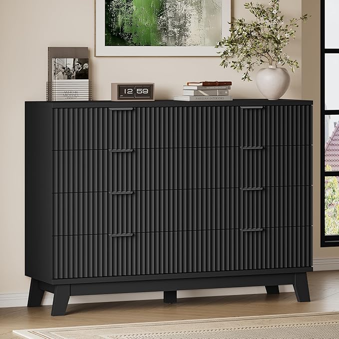 BORNOON 53" Wide Dresser for Bedroom, 8-Drawer Fluted Chest of Drawers, Modern Wood Highboy with Metal Slides and Handles, Anti-Tip Kit, Vertical Clothes Storage Organizer for Apartment, Closet