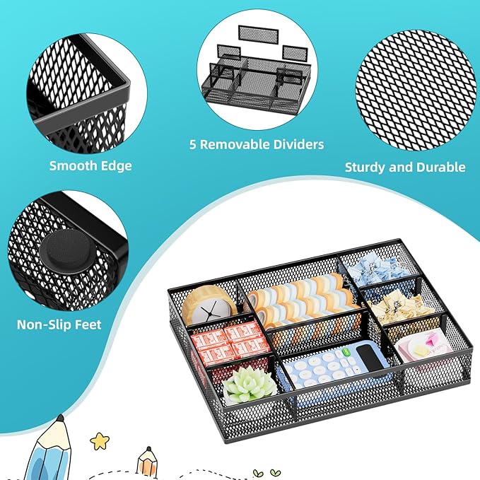 Marbrasse 2 Pack Desk Drawer Organizer, Mesh Drawer Organizer Tray with 8 Adjustable Compartments, Desk Organizers and Accessories, 5 Dividers Drawer for Office Supplies, Makeup & Vanity (Black-2P)