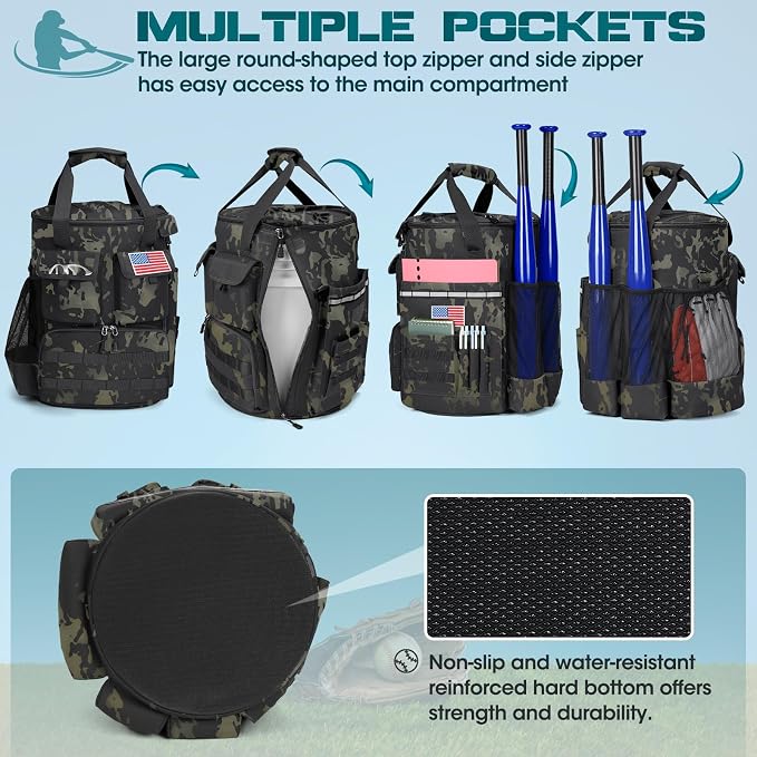 RAINSMORE Baseball Bucket Bag Baseball Coaches Accessories Organizer with Insulation Pocket Tactical Softball Bag with Anti-Slip Bottom, Multiple Pockets for Bat, Gloves, Scoreboards