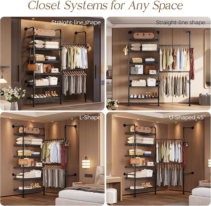 Wall Mounted Closet System, Heavy Duty 2-Row Clothes Rack, Expandable Industrial Pipe Closet Organizers and Storage with 2 Telescopic Rods, 3 Hooks & 6 Shelves for Wardrobe, Bedroom