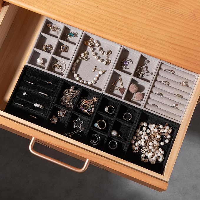 Frebeauty Small Jewelry Organizer for Drawer,Set of 9 Velvet Jewelry Trays | Jewelry Box Inserts,Drawer Inserts,Vanity Drawer Organizer,Mini Size,Stackable Earring Organizer,Adjustable Dividers