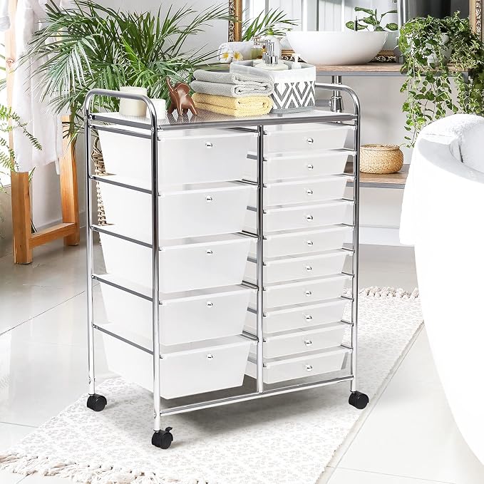RELAX4LIFE 15-Drawer Rolling Storage Drawer Cart Organizer | 34.5"H Chrome Frame, Semi-Transparent Clear Drawers Rolling Wheels; School Office Home Salon Multipurpose Utility Storage