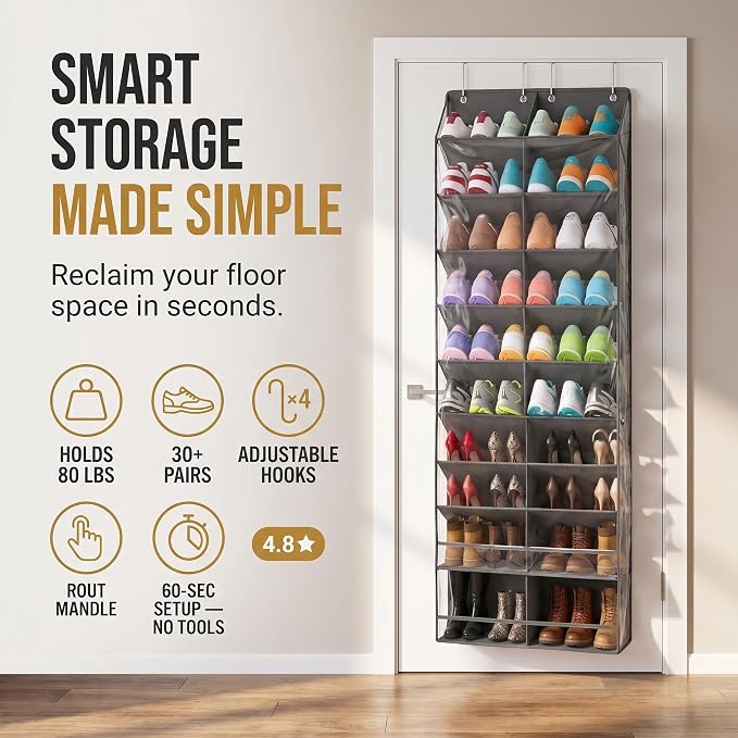 HOMELUX THEORY 10 Tier Hanging Shoe Organizer – Shoe Rack for Closet with Deep Pockets, Shoe Rack for Entryway, Over the Door Shoe Organizer for Closet for Boots & Sneakers (Light Gray)
