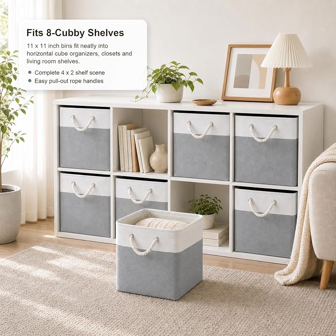 11x11 Inch Cube Storage Bins, 6 Pack Collapsible Fabric Storage Cubes with Rope Handles, Waterproof Foldable Storage Baskets for Cube Shelves, Closet, Clothes, Toys, Books, White & Gray