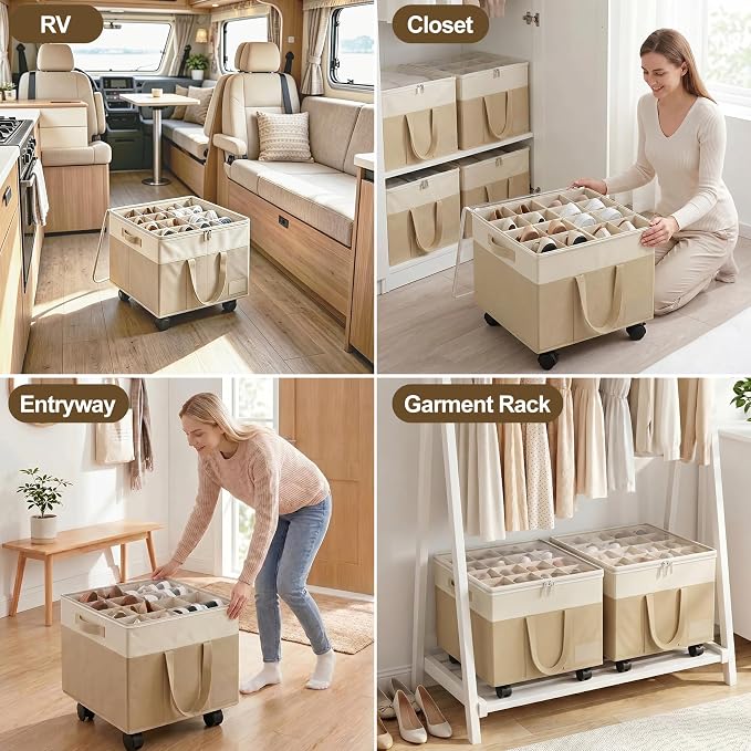 Large Shoe Organizer for Closet, 16 Pairs Shoe Storage Box with 360° Wheels & Reinforced Handles, Adjustable Dividers, Clear Cover, Side Pocket, Foldable Oxford Fabric Bin for Entryway, Beige