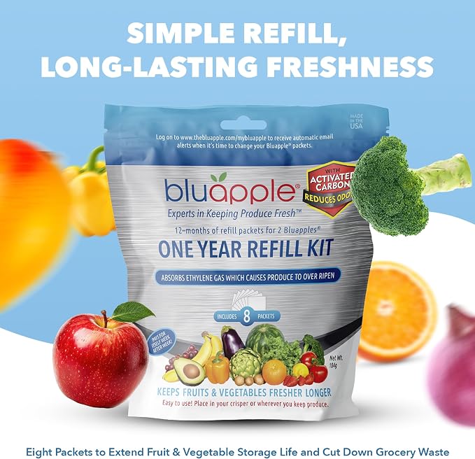 Bluapple Produce Saver Ethylene Gas Absorber with Activated Carbon, 1 Year Supply, Keeps Fresh Fruits & Vegetables Longer - Produce Saver for Kitchen - 8-Packets, 13g Total (Active Formula + Carbon)