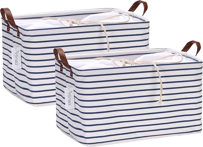 Hinwo 31L Large Storage Bins, 2-Pack Closet Organizers and Storage, Foldable Clothes Storage Baskets with Handles, Containers for Clothing, Blanket, Towels, Toys, Bedding (Navy Stripe)
