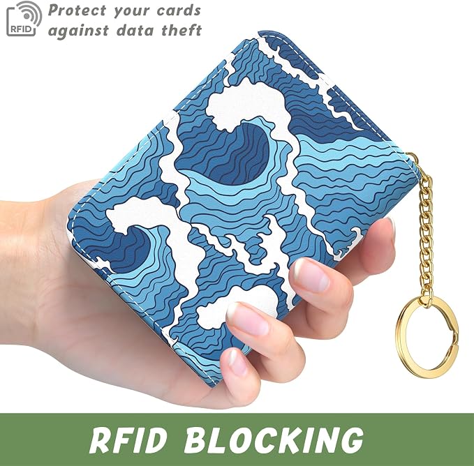 Aiawoxc Credit Card Holder, Small RFID Wallet Slim Leather Card Organizer Case with Zipper and Keychain, Japanese Wave02