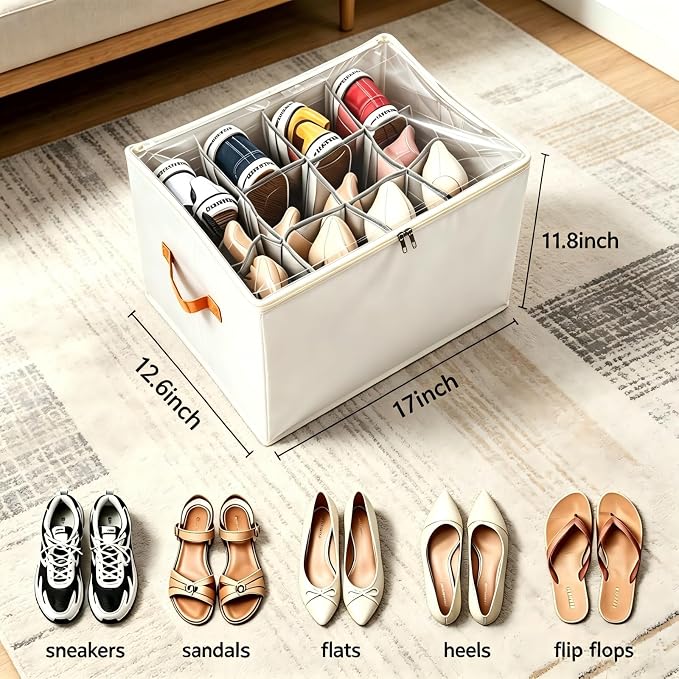 Shoe Organizer for Closet, 2 Pack Shoe Organizer with Clear Cover, Closet Shoe Storage Containers w/Adjustable Dividers, Foldable Storage Bins for Shoes, Fits 16-32 Pairs, Beige