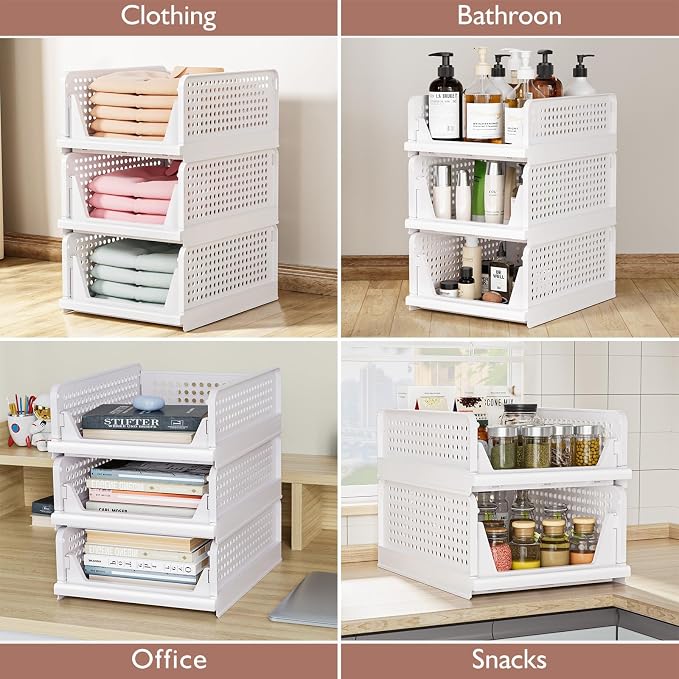 CTSNSLH 8 Pack Closet Organizers Stackable Storage Box | White stackable plastic drawer bins for closets, wardrobes, kitchens, bathrooms, offices