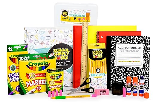 School Supply Boxes | K-5 Bundle (1 Box) | Back to School Essentials Kit for Students & Teachers | Includes Wide-Ruled Paper Products, Crayons, Markers, Colored Pencils, & More