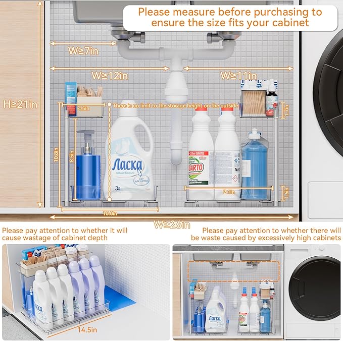 Yieach 2 Pack 14.5″ Deep Pull Out Under Sink Organizer,10.8″ High 2 Tier Slide Out Cabinet Organizer for Kitchen Cabinet,Undersink Organizers,Under Sink Shelves,Bathroom Organizers and Storage,Clear
