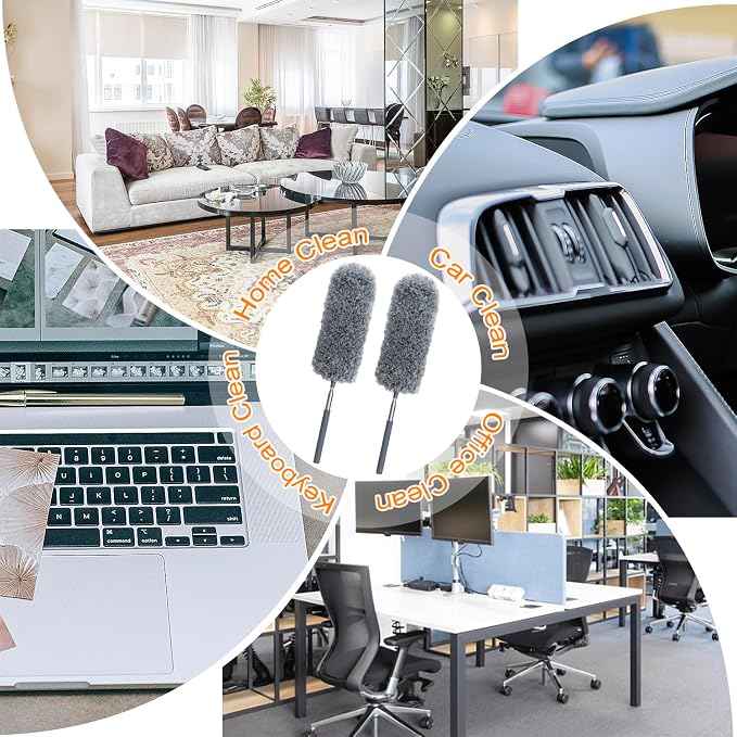 2 Pack Mini Microfiber Feather Duster for Cleaning, with Extendable Pole, Hand Washable Dusters, Cleaning Tools for Office, Car, Window, Furniture
