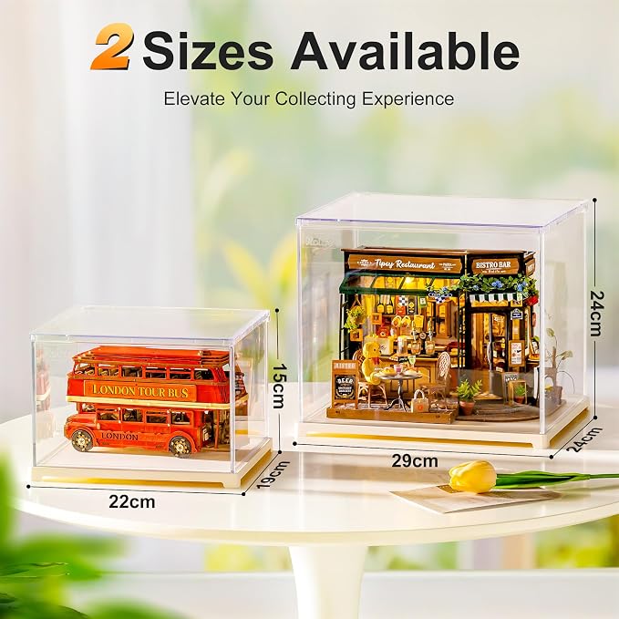 Rolife Acrylic Display Case Dust Cover for Collectibles, Dustproof Protection Showcase with White Base with Door for Mini Dollhouse, 3D Puzzles (8.8''x7.6''x6'')