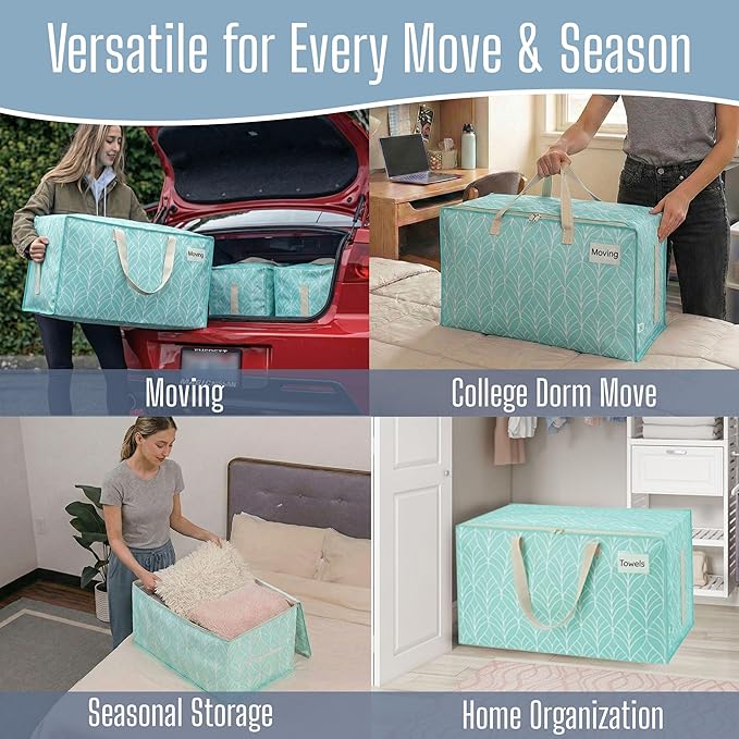 VENO 4 Pack Extra Large Heavy Duty Moving Bags with Wide Opening & Reinforced Handles, Reusable Storage Tote Bags with Strong Zippers for Clothes, College Dorm Essentials & Moving Supplies