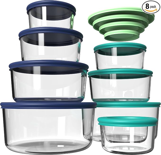 AILTEC 8-Pack Glass Food Containers, Round with Lids, 7/4/2/1 Cup Sizes | Includes 4 Bonus Simple Lids, BPA-Free Glass, Microwave & Dishwasher Safe, Airtight Seal for Freshness