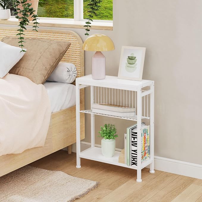 Side Table for Small Spaces, Set of 2 Narrow End Table with Magazine Holder, 2 in 1 Design Slim Side Table, Skinny Nightstand for Living Room Bedroom, Thin Side Magazine Table, White
