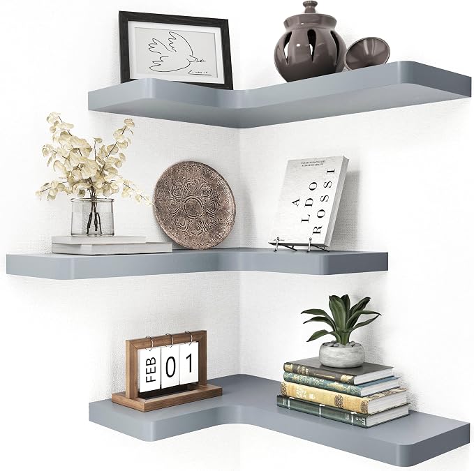 fuqing Corner Floating Shelves, Wall Shelf Set of 3, Shelves for Wall Storage, Solid Wood Shelves for Storage, Wall Mount Wooden Display Shelf for Bathroom Bedroom Kitchen Garage, Dark Grey
