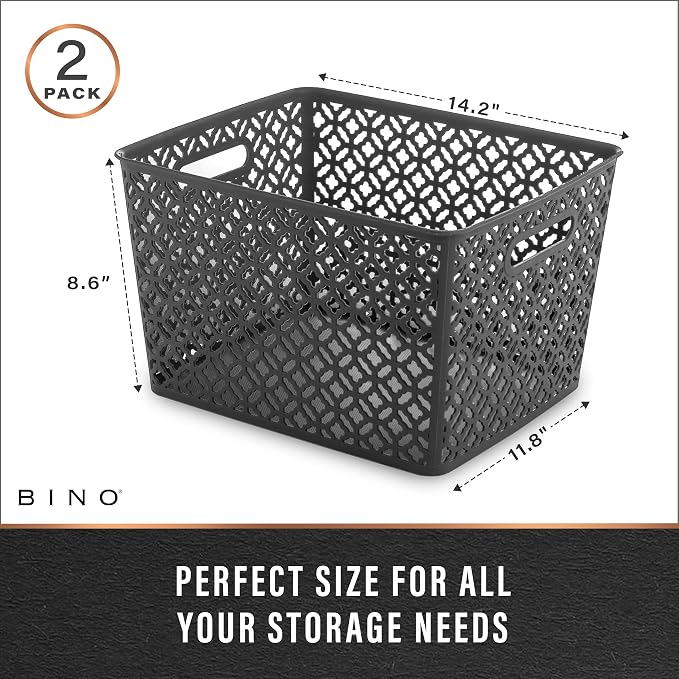 BINO l Plastic Storage Baskets, XLarge - Grey | THE BLOSSOM COLLECTION l Multi-Use Organizer Bin l Built-in Handles l Plastic Woven Basket for Organizing l Pantry & Home Organizing Basket
