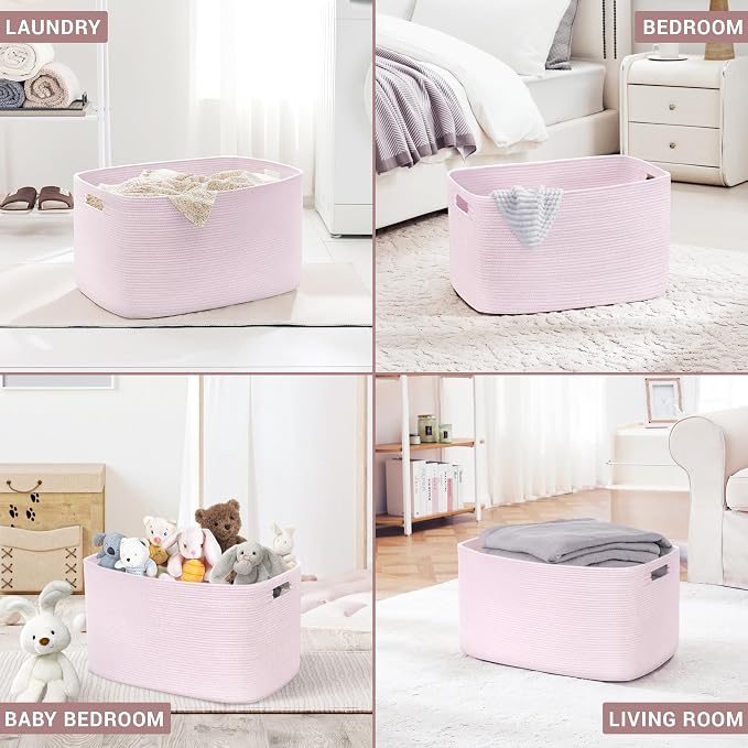 72L Large Woven Laundry Basket Hamper with Handles, Pink | 22"x17"x12", collapsible wicker hamper, storage for dirty clothes, toys, blankets, gifts, living room, bedroom, bathroom