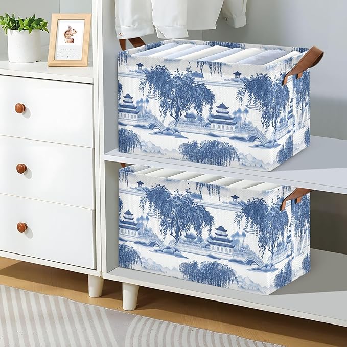 Blue and White Porcelain Pavilions Willow Tree Storage Bins for Shelves with Labels&Handles Fabric Organizer Bin Foldable Rectangle Storage Basket Boxes for Closet, Bathroom, Home, Living Room