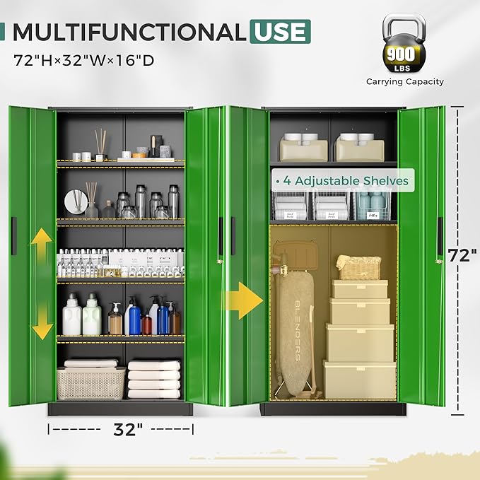 Greenvelly Metal Garage Storage Cabinet, 72" Tall Steel Storage Cabinets with Doors and Adjustable Shelves, Metal Tool Cabinets, Locking File Cabinet for Home Office, Garage, School (Black&Green)