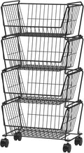 PUSDON 4-Tier Large Stackable Wire Storage Baskets with Wheels, Metal Rolling Utility Cart Organizer, Produce Basket for Kitchen Pantry, Floor Shelf, Matte Black