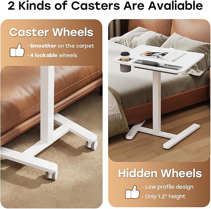 Small Mobile Standing Desk with Drawer, 23.6" x 19.7" Top | Height Adjustable Rolling Teacher Desk with Cup Holder and Hooks, Portable Workstation on Wheels for Classroom & Study, White