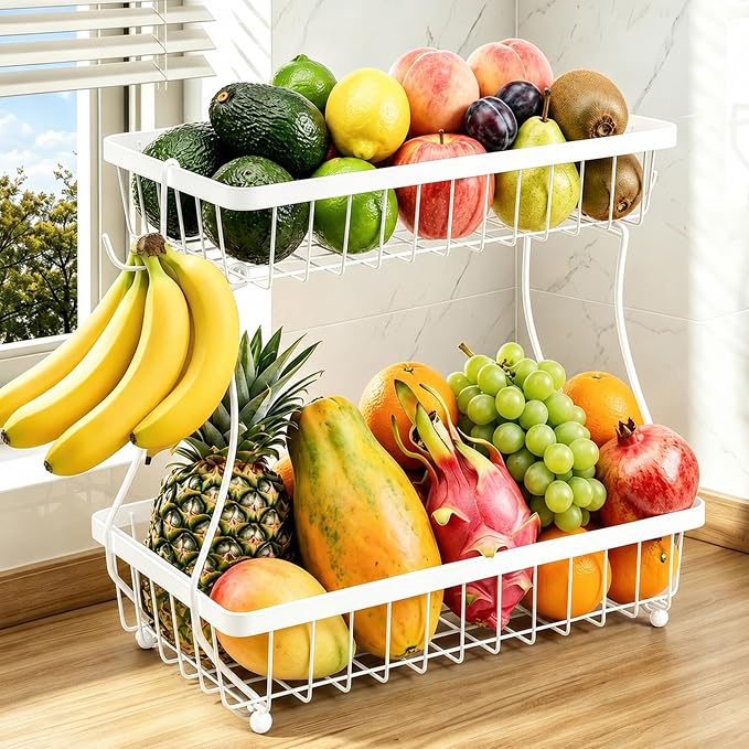 2-Tier Fruit Basket for Kitchen Counter with 2 Banana Hangers | Large Metal Fruit Bowl, Versatile Holder for Veggies, Produce Storage, 12.5"×7.5"×12"-White