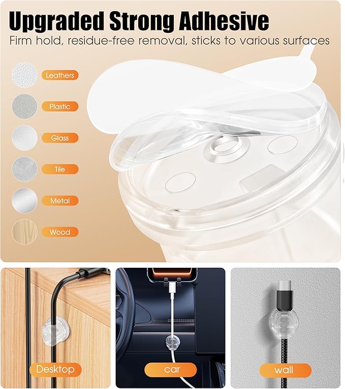 8 Pack Cord Organizer, Ω-Shaped Rotatable Cable Clips, Strong Adhesive Cable Management with Nails, Cord Holder for Nightstand, Desk, and Wall (Clear)