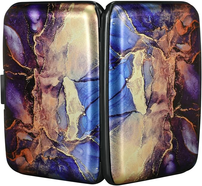 ELFISH Mini RFID Aluminum Wallet Credit Cards Holder Business Card Case Metal ID Case for Men Women（Gold Purple Marble